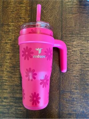 Pink Floral REDUCE Tumbler with Handle and Straw NEW